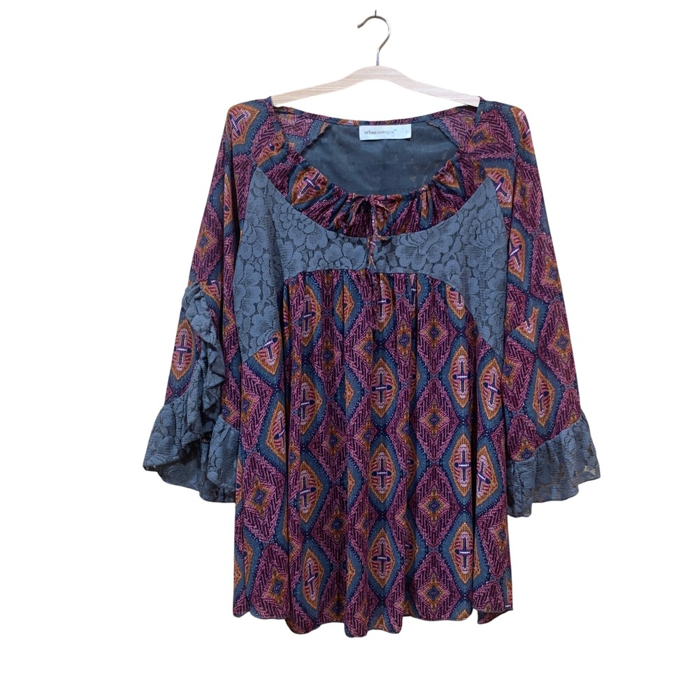 Women's Peasant Tunic‎ Top Lace Bell Sleeve Bohemian Ruffle Blouse L